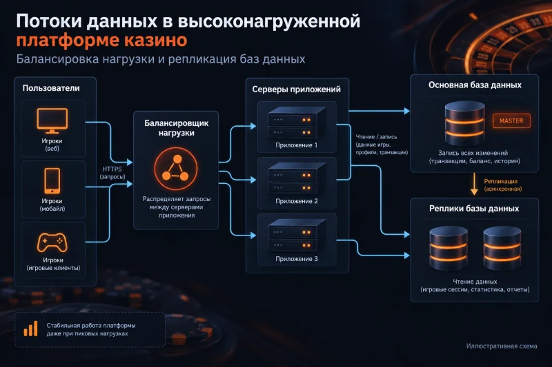 Диаграмма потоков данных в высоконагруженной платформе казино: балансировка нагрузки и репликация баз данных