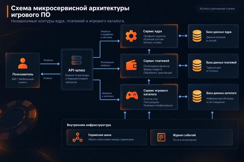 Схема микросервисной архитектуры игрового ПО: независимые контуры ядра, платежей и игрового каталога