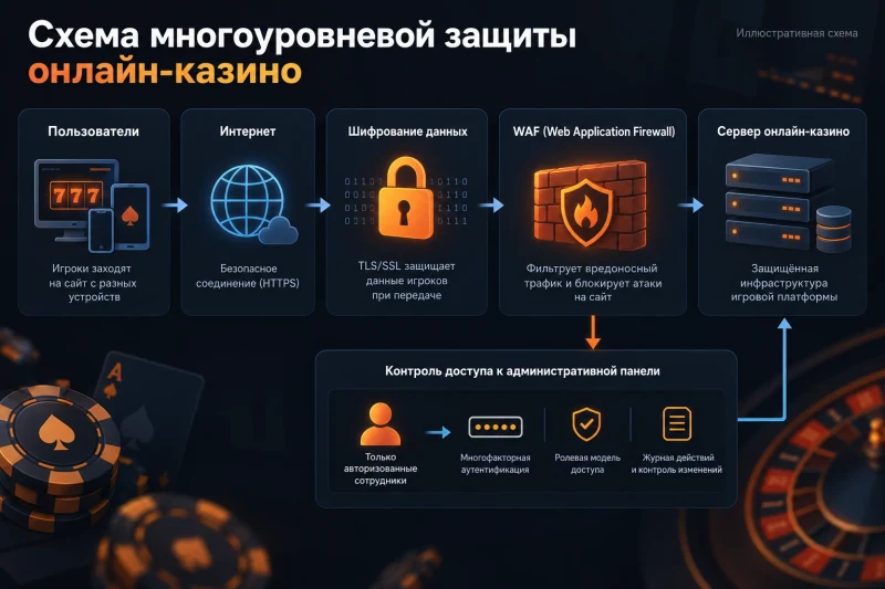 Схема многоуровневой защиты онлайн-казино: шифрование данных, WAF и контроль доступа к административной панели