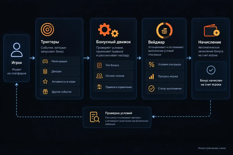 Схема работы бонусного движка casino game: триггеры, вейджер и автоматическое начисление на счет игрока