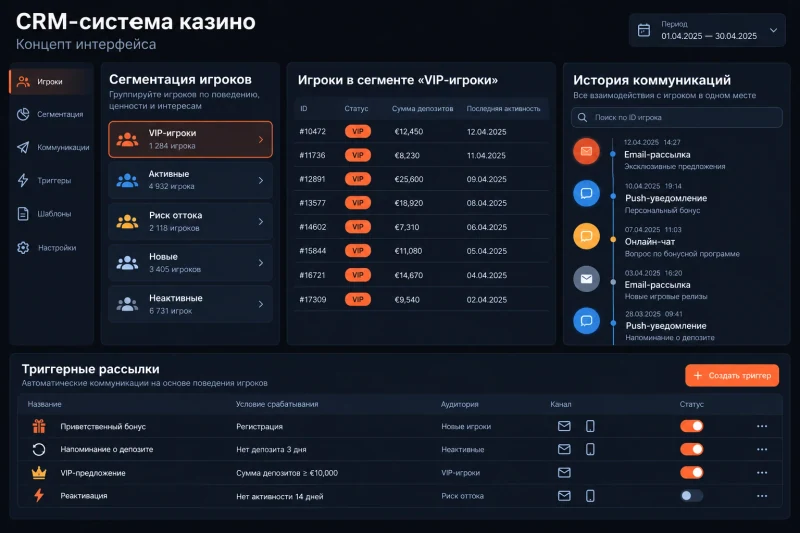Дашборд CRM-системы казино: сегментация игроков, история коммуникаций и триггерные рассылки