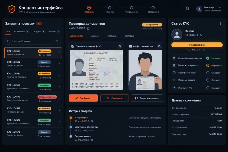 Интерфейс модерации верификации: проверка документов и статусы KYC в панели управления оператором