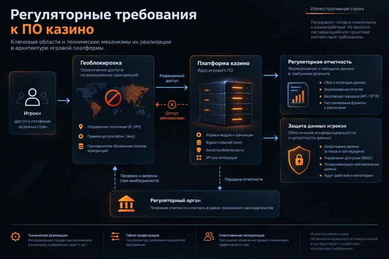 Инфографика регуляторных требований к ПО казино: геоблокировка, отчетность и защита данных игроков