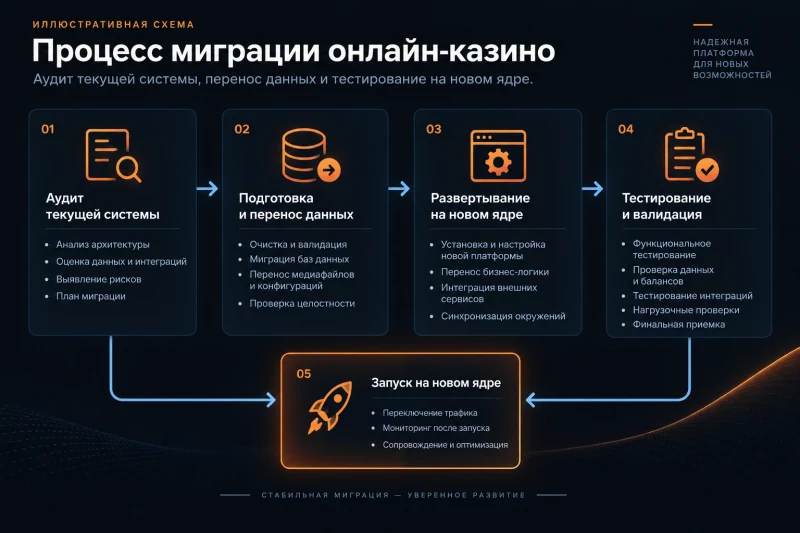Схема процесса миграции онлайн-казино: аудит текущей системы, перенос данных и тестирование на новом ядре