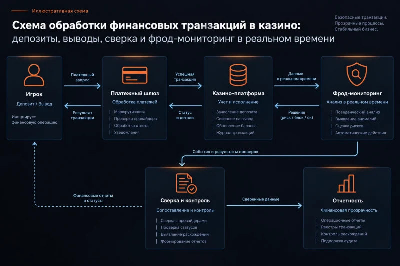 Схема обработки финансовых транзакций в казино: депозиты, выводы, сверка и фрод-мониторинг в реальном времени
