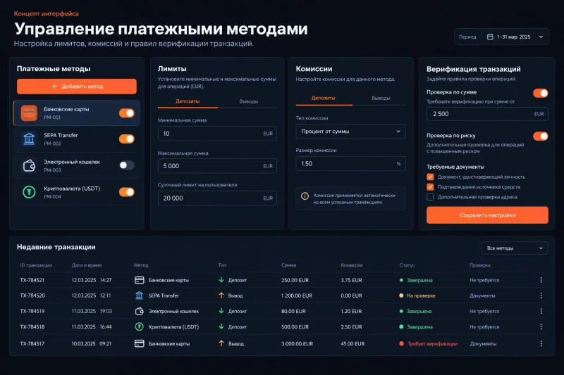 Управление платежными методами в админ-панели: настройка лимитов, комиссий и правил верификации транзакций