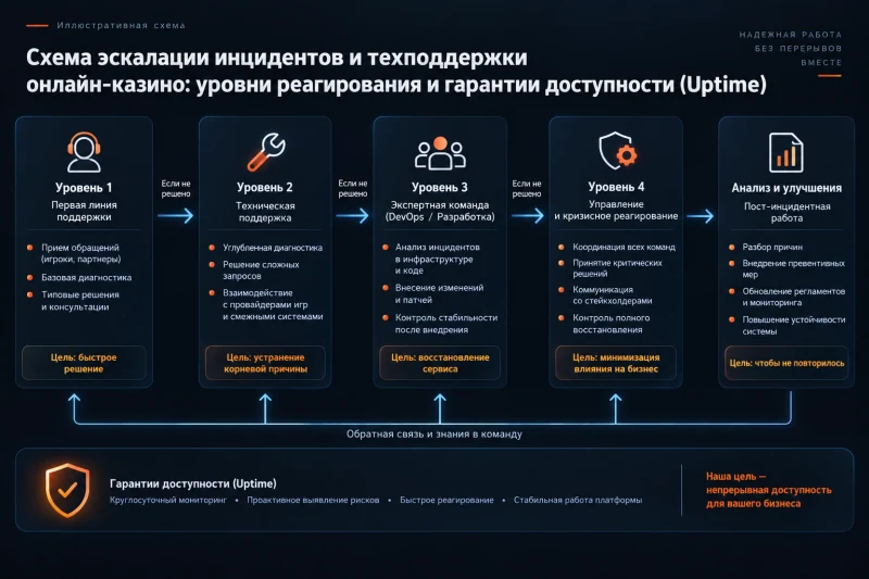 Схема эскалации инцидентов и техподдержки онлайн-казино: уровни реагирования и гарантии доступности (Uptime)