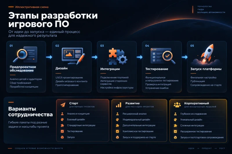 Этапы разработки игрового ПО: предпроектное обследование, дизайн, интеграции, тестирование и запуск платформы