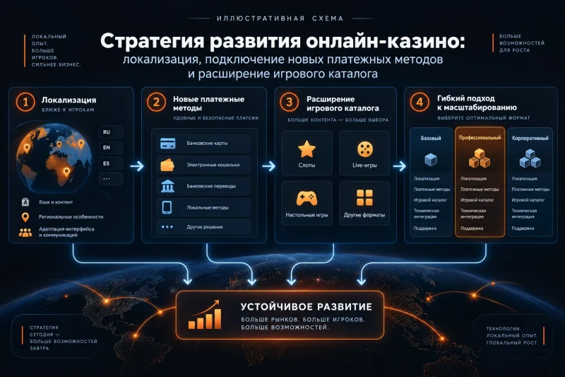 Стратегия развития онлайн-казино: локализация, подключение новых платежных методов и расширение игрового каталога