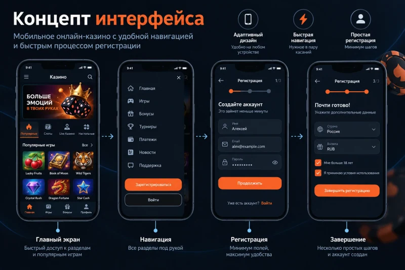 Мокап мобильного интерфейса онлайн-казино: адаптивный дизайн, быстрая навигация и удобный процесс регистрации