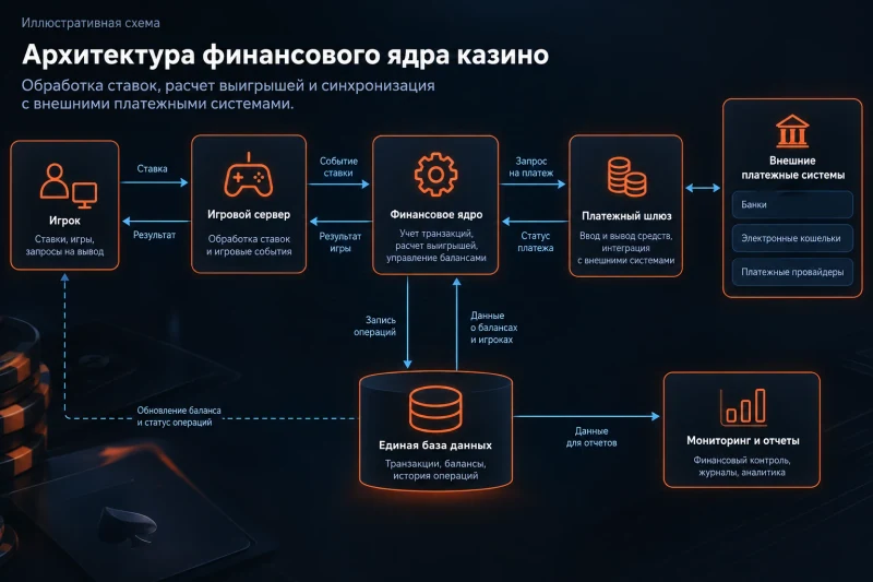 Архитектура финансового ядра казино: обработка ставок, расчет выигрышей и синхронизация с внешними платежными системами